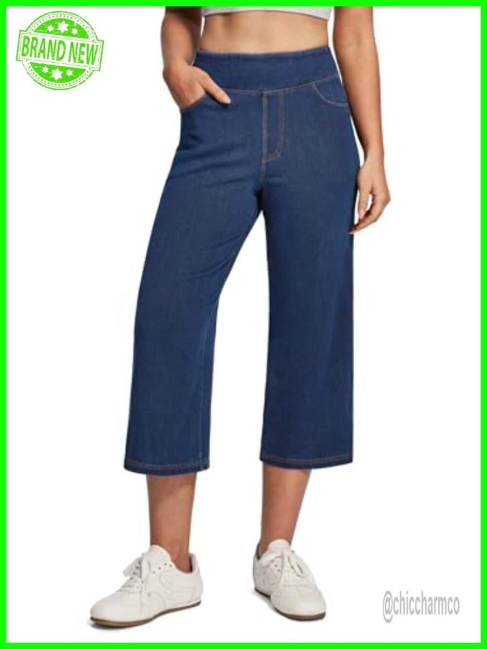 Womens Pull On Capri Jeans High Waisted Tummy Control Wide Leg Stretch Denim